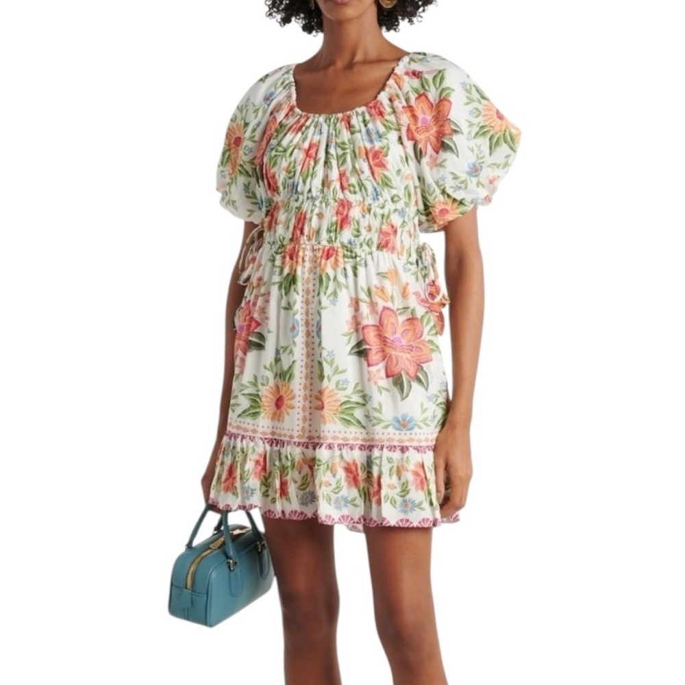 FARM Rio White Floral Puff-Sleeve Mini Dress with Pink & Green Accents - Picture 1 of 8